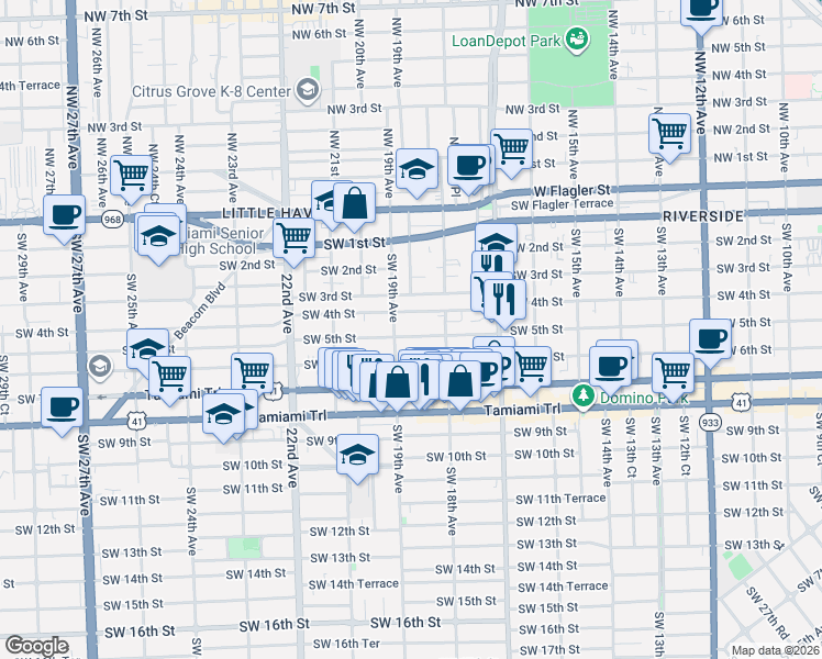 map of restaurants, bars, coffee shops, grocery stores, and more near 1869 Southwest 5th Street in Miami