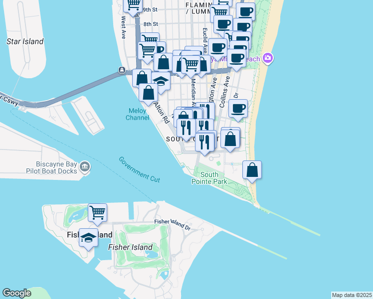 map of restaurants, bars, coffee shops, grocery stores, and more near 801 South Pointe Drive in Miami Beach