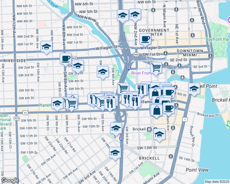 map of restaurants, bars, coffee shops, grocery stores, and more near 525 Southwest 4th Avenue in Miami