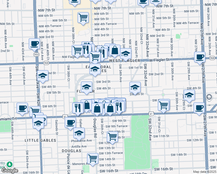 map of restaurants, bars, coffee shops, grocery stores, and more near 345 Southwest 36th Avenue in Miami