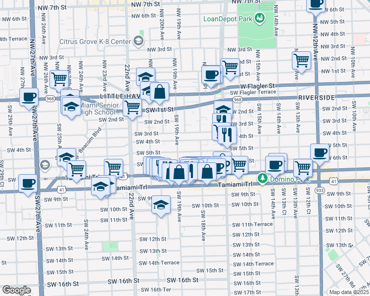 map of restaurants, bars, coffee shops, grocery stores, and more near 1869 Southwest 5th Street in Miami