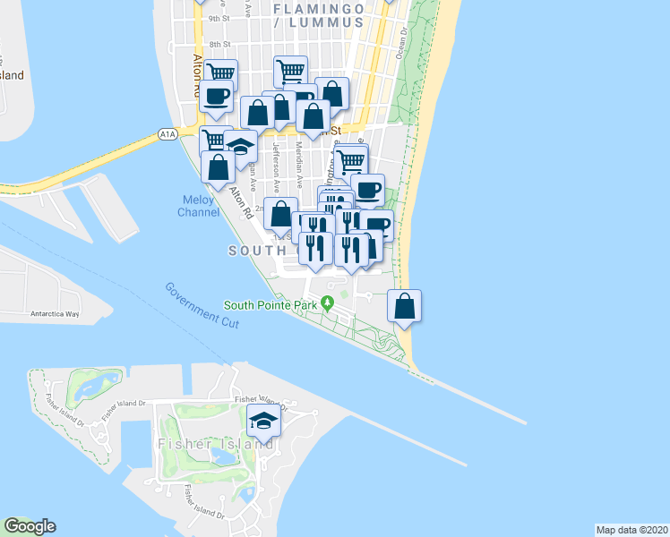 map of restaurants, bars, coffee shops, grocery stores, and more near 1 South Pointe Drive in Miami Beach