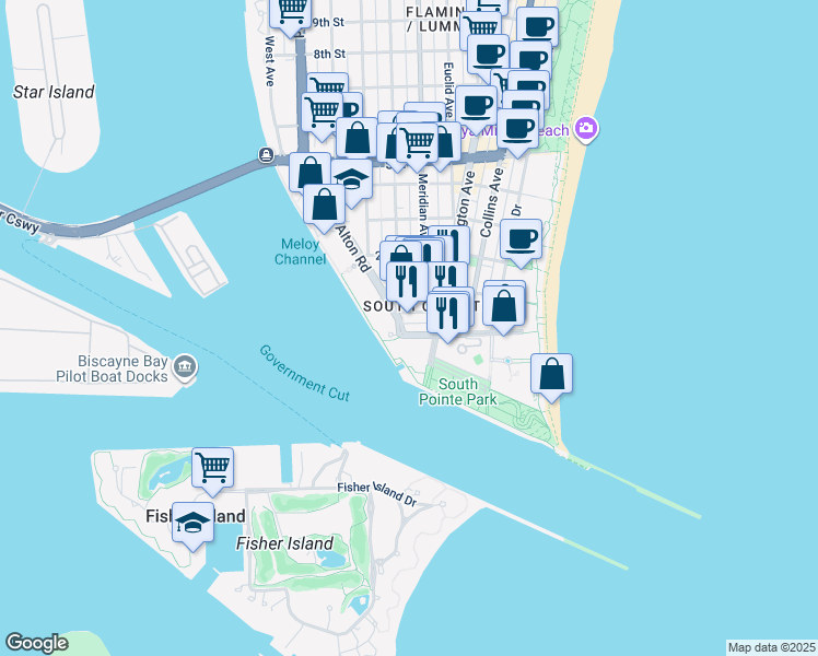 map of restaurants, bars, coffee shops, grocery stores, and more near 801 South Pointe Drive in Miami Beach