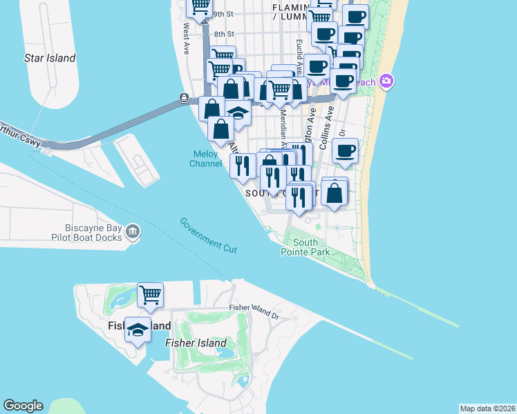 map of restaurants, bars, coffee shops, grocery stores, and more near 802 South Pointe Drive in Miami Beach