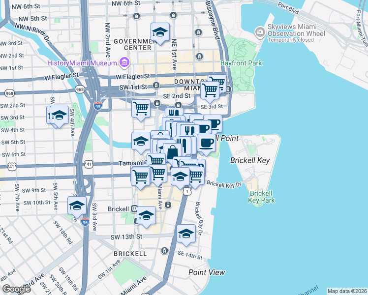 map of restaurants, bars, coffee shops, grocery stores, and more near 41 Southeast 6th Street in Miami