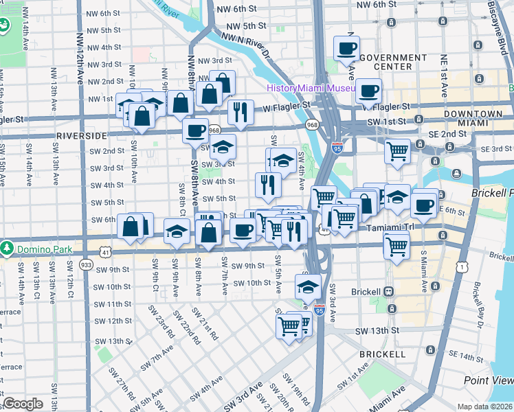 map of restaurants, bars, coffee shops, grocery stores, and more near 521 Southwest 6th Street in Miami