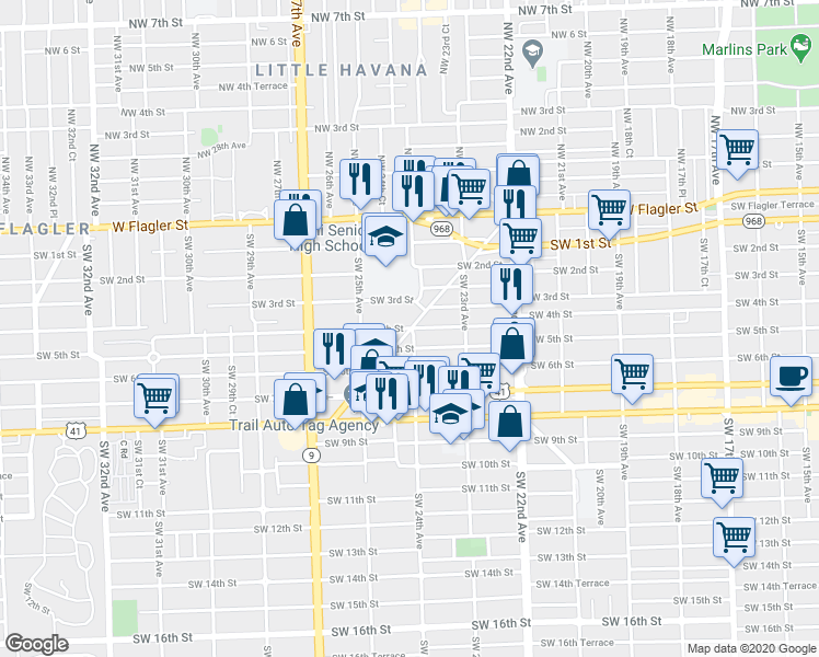 map of restaurants, bars, coffee shops, grocery stores, and more near in Miami