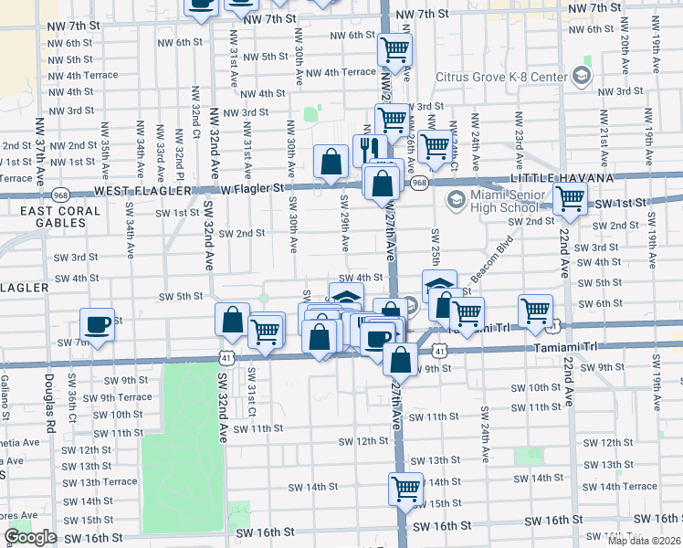 map of restaurants, bars, coffee shops, grocery stores, and more near 2835 Southwest 4th Street in Miami