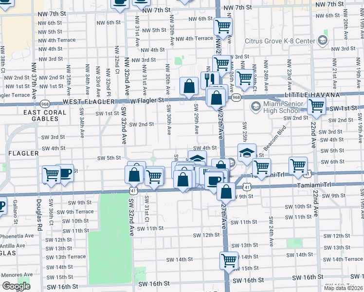 map of restaurants, bars, coffee shops, grocery stores, and more near 2979 Southwest 4th Street in Miami
