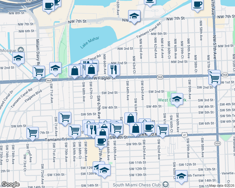 map of restaurants, bars, coffee shops, grocery stores, and more near 6440 Southwest 2nd Street in Miami