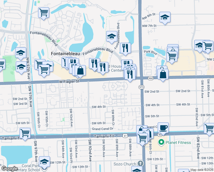 map of restaurants, bars, coffee shops, grocery stores, and more near 8964 West Flagler Street in Miami