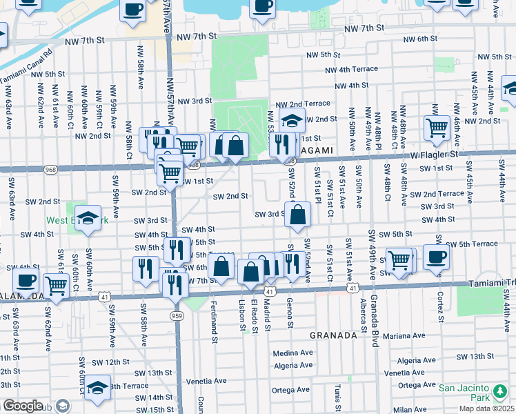 map of restaurants, bars, coffee shops, grocery stores, and more near 231 SW 54th Ave in Coral Gables