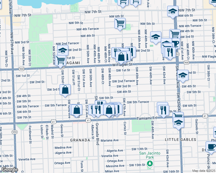 map of restaurants, bars, coffee shops, grocery stores, and more near 300 SW 48th Ave in Coral Gables