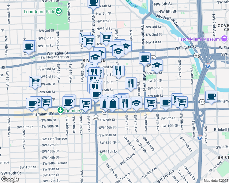 map of restaurants, bars, coffee shops, grocery stores, and more near 1060 Southwest 5th Street in Miami