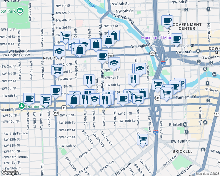 map of restaurants, bars, coffee shops, grocery stores, and more near 527 Southwest 7th Court in Miami