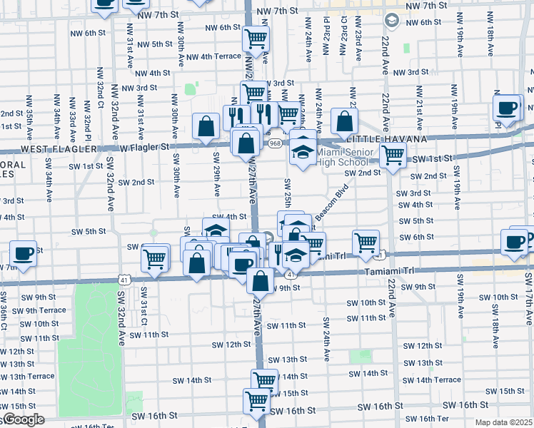 map of restaurants, bars, coffee shops, grocery stores, and more near 2607 Southwest 4th Street in Miami