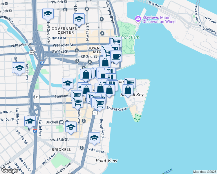 map of restaurants, bars, coffee shops, grocery stores, and more near 495 Brickell Avenue in Miami