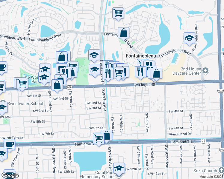 map of restaurants, bars, coffee shops, grocery stores, and more near 17 Southwest 96th Court in Miami