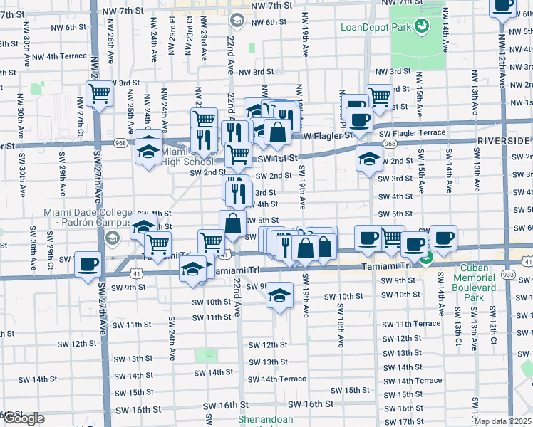 map of restaurants, bars, coffee shops, grocery stores, and more near 427 Southwest 21st Avenue in Miami