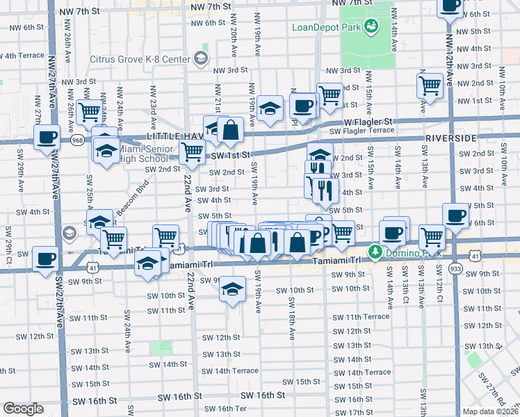 map of restaurants, bars, coffee shops, grocery stores, and more near 1869 Southwest 5th Street in Miami