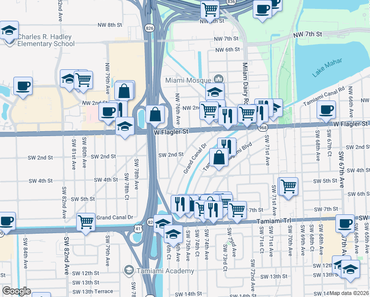 map of restaurants, bars, coffee shops, grocery stores, and more near 180 Florida Boulevard in Miami