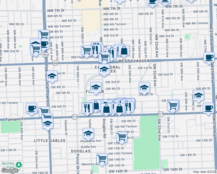 map of restaurants, bars, coffee shops, grocery stores, and more near 3663 Southwest 4th Street in Miami