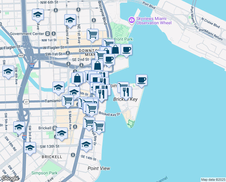 map of restaurants, bars, coffee shops, grocery stores, and more near 701 Brickell Key Boulevard in Miami