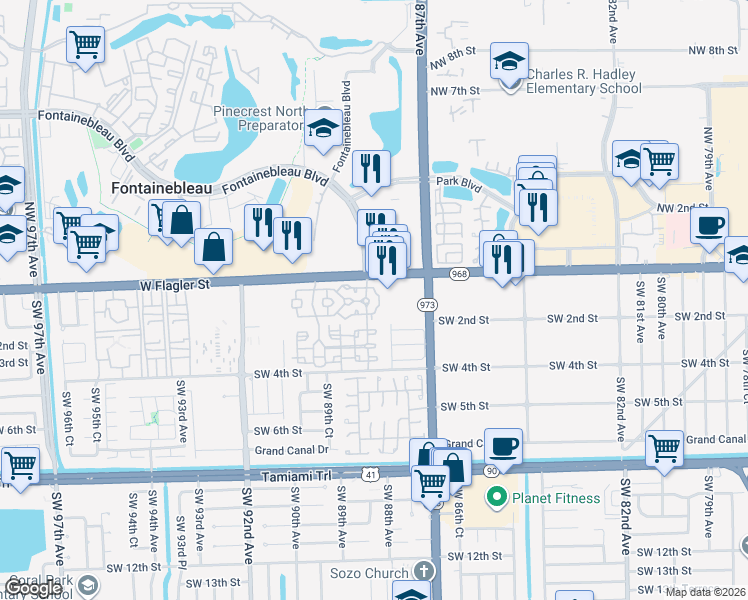 map of restaurants, bars, coffee shops, grocery stores, and more near 8814 West Flagler Street in Miami