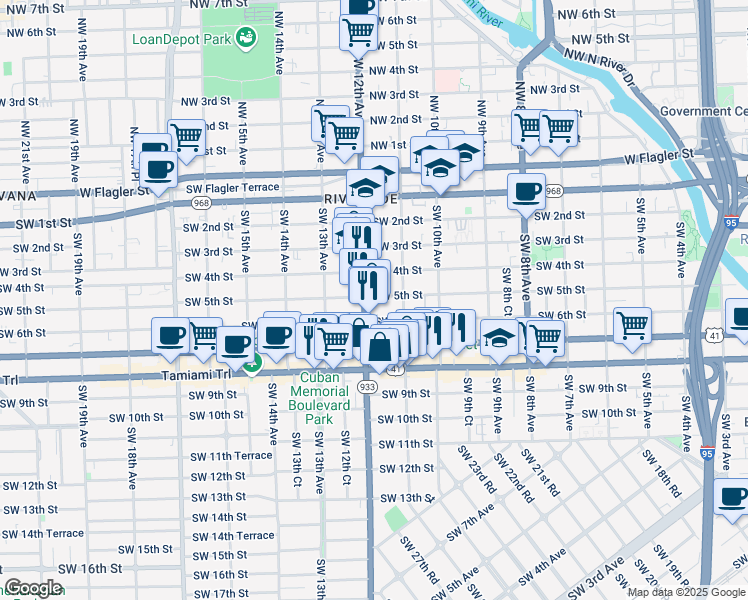 map of restaurants, bars, coffee shops, grocery stores, and more near 1160 Southwest 5th Street in Miami