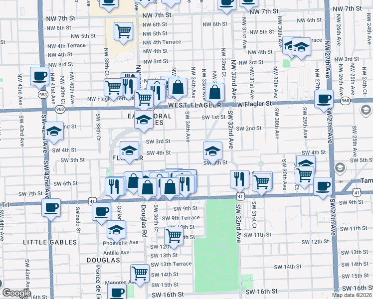 map of restaurants, bars, coffee shops, grocery stores, and more near 350 Southwest 34th Avenue in Miami