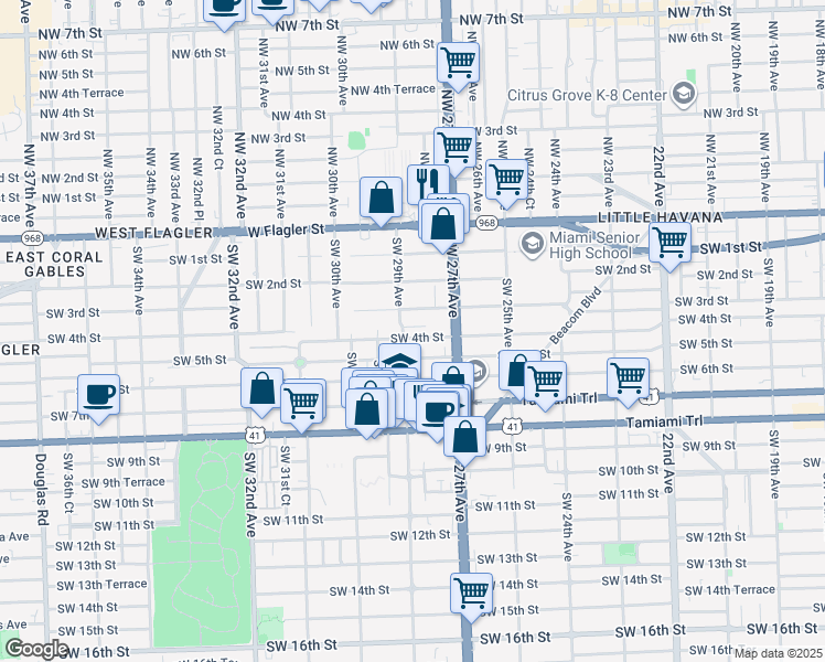 map of restaurants, bars, coffee shops, grocery stores, and more near 2835 Southwest 4th Street in Miami