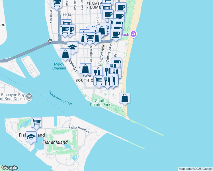 map of restaurants, bars, coffee shops, grocery stores, and more near 17 Ocean Drive in Miami Beach