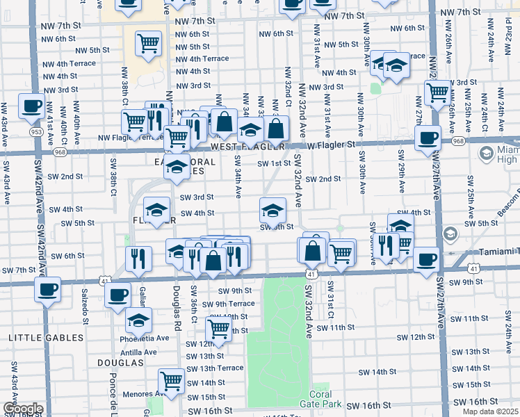 map of restaurants, bars, coffee shops, grocery stores, and more near 338 Southwest 33rd Avenue in Miami