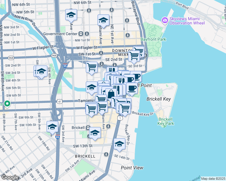 map of restaurants, bars, coffee shops, grocery stores, and more near 41 Southeast 6th Street in Miami