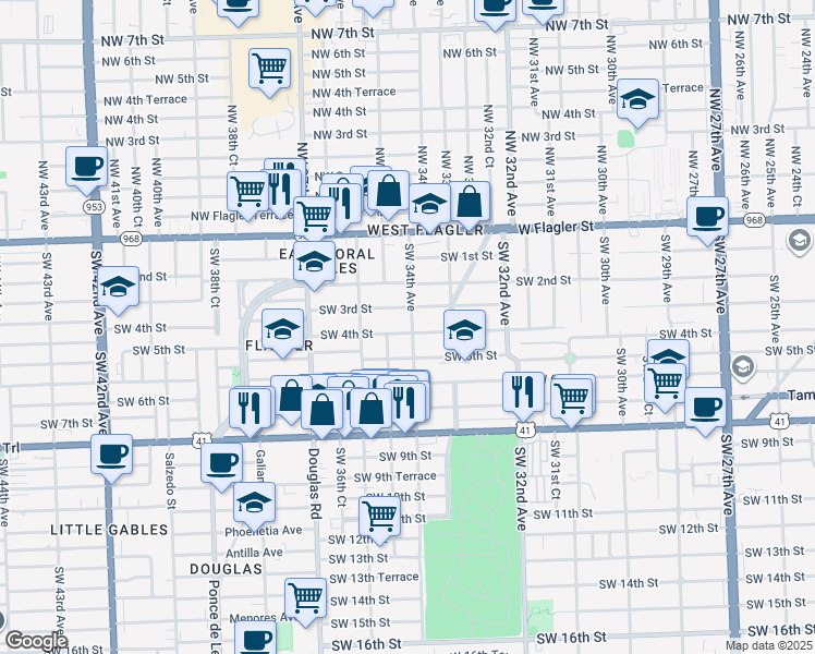 map of restaurants, bars, coffee shops, grocery stores, and more near 350 Southwest 34th Avenue in Miami