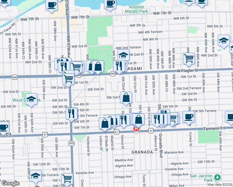 map of restaurants, bars, coffee shops, grocery stores, and more near 5260 Southwest 2nd Street in Coral Gables