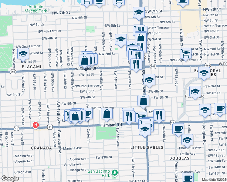 map of restaurants, bars, coffee shops, grocery stores, and more near 4410 Southwest 3rd Street in Coral Gables