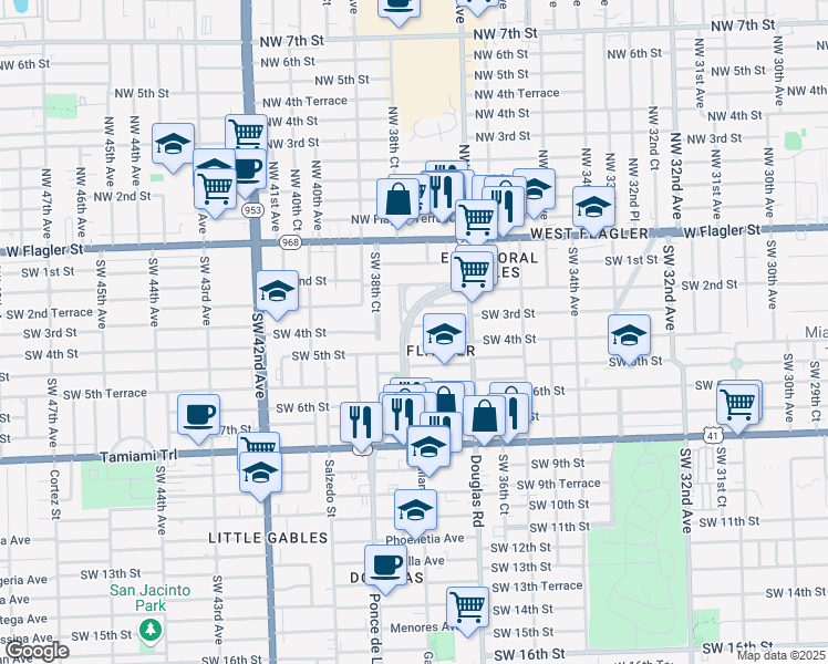map of restaurants, bars, coffee shops, grocery stores, and more near 305 Ponce de Leon in Coral Gables