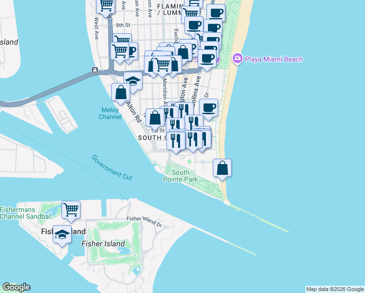 map of restaurants, bars, coffee shops, grocery stores, and more near 1 South Pointe Drive in Miami Beach