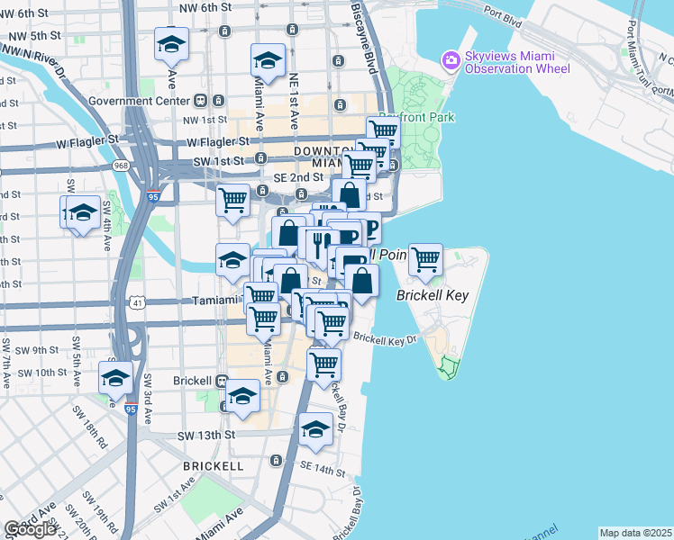 map of restaurants, bars, coffee shops, grocery stores, and more near 501 Brickell Avenue in Miami