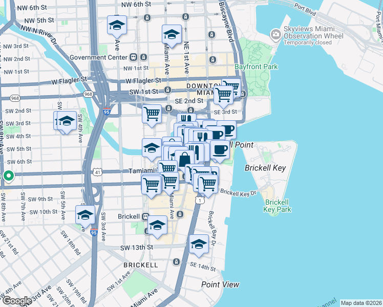 map of restaurants, bars, coffee shops, grocery stores, and more near 41 Southeast 6th Street in Miami