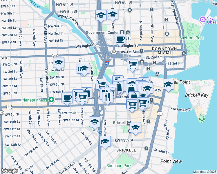 map of restaurants, bars, coffee shops, grocery stores, and more near 275 Southwest 6th Street in Miami