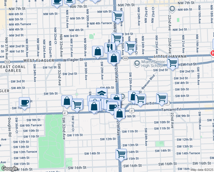 map of restaurants, bars, coffee shops, grocery stores, and more near 2835 Southwest 4th Street in Miami
