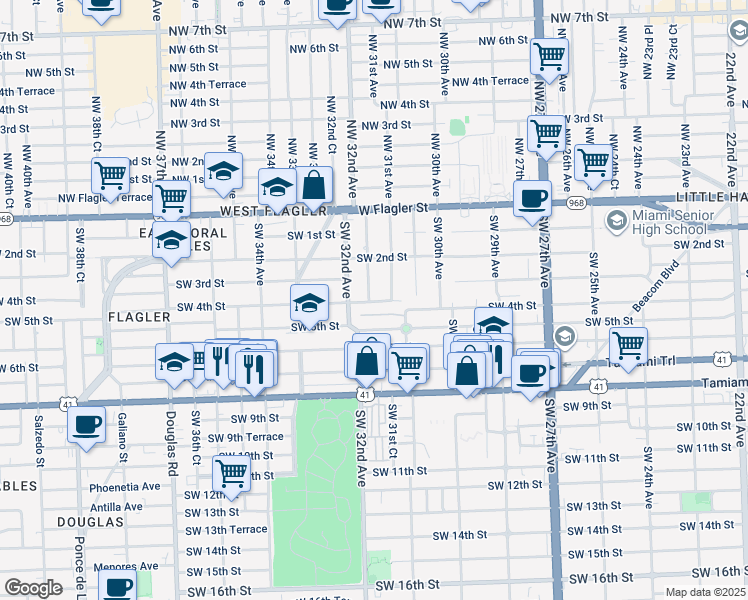 map of restaurants, bars, coffee shops, grocery stores, and more near 3167 Southwest 4th Street in Miami