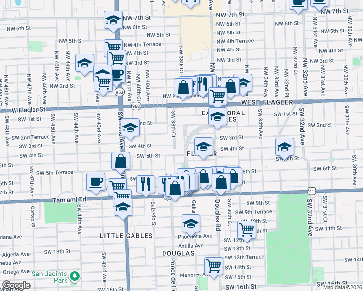 map of restaurants, bars, coffee shops, grocery stores, and more near 3850 Southwest 4th Street in Coral Gables