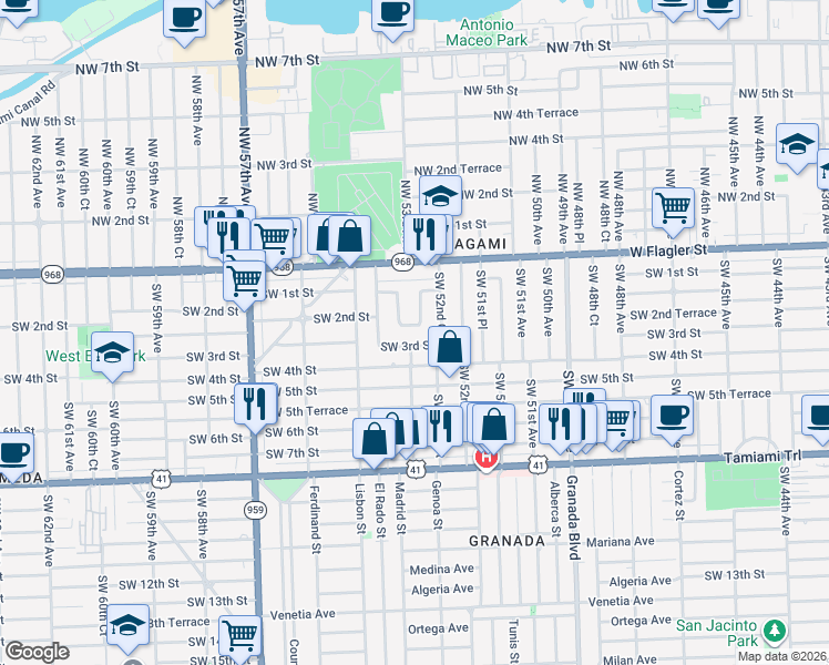 map of restaurants, bars, coffee shops, grocery stores, and more near 5260 Southwest 2nd Street in Coral Gables