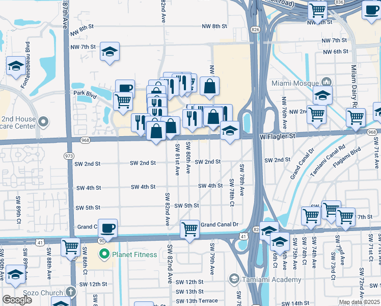 map of restaurants, bars, coffee shops, grocery stores, and more near 122 Southwest 80th Avenue in Miami