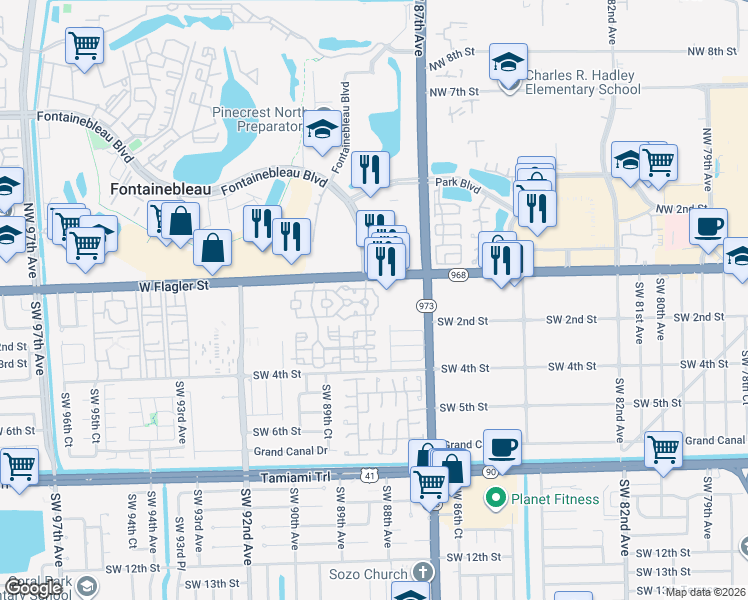 map of restaurants, bars, coffee shops, grocery stores, and more near 8814 West Flagler Street in Miami
