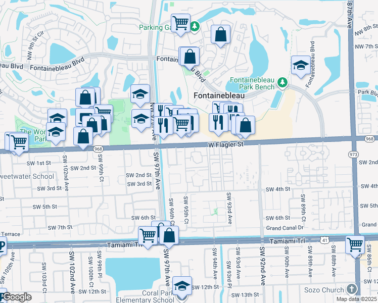 map of restaurants, bars, coffee shops, grocery stores, and more near 9580 Southwest 1st Street in Miami
