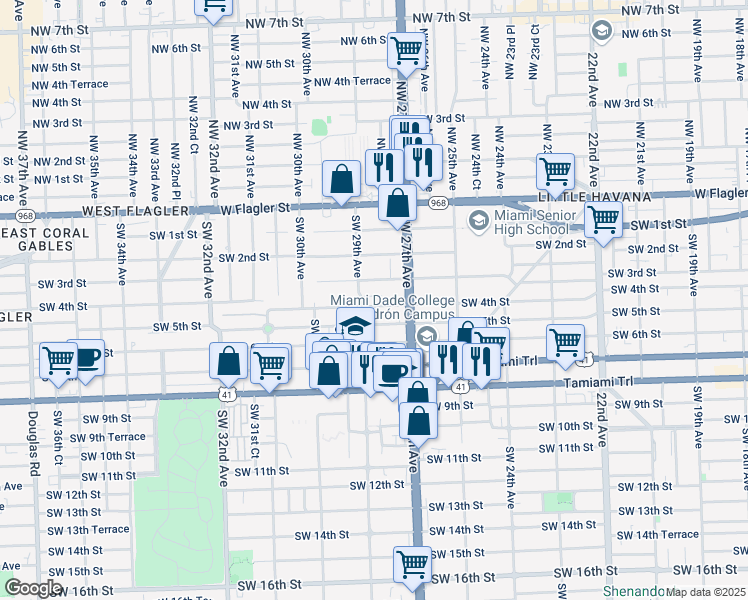 map of restaurants, bars, coffee shops, grocery stores, and more near 2835 Southwest 4th Street in Miami